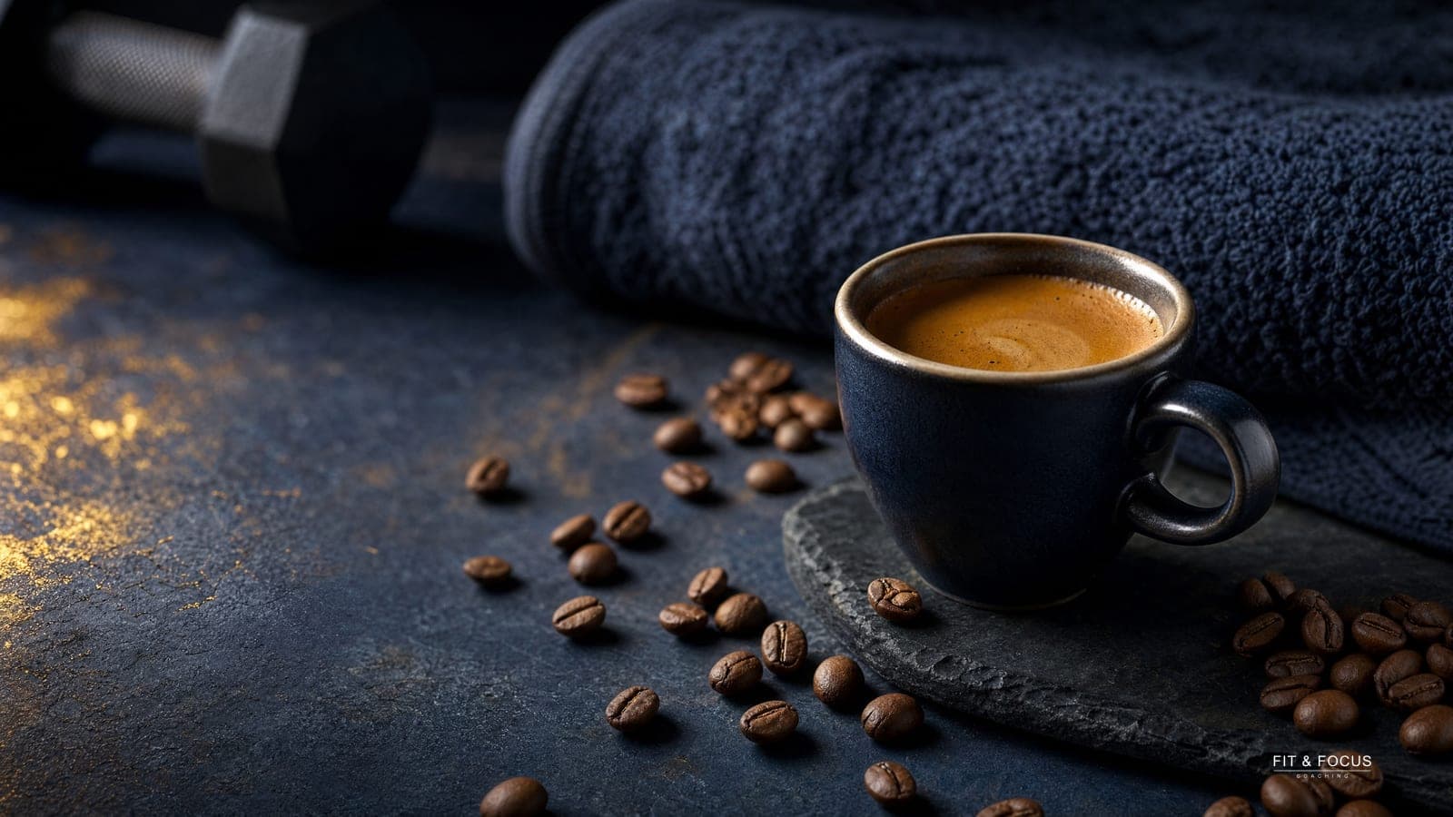 Espressokopje en verspreide koffiebonen op een donkere ondergrond