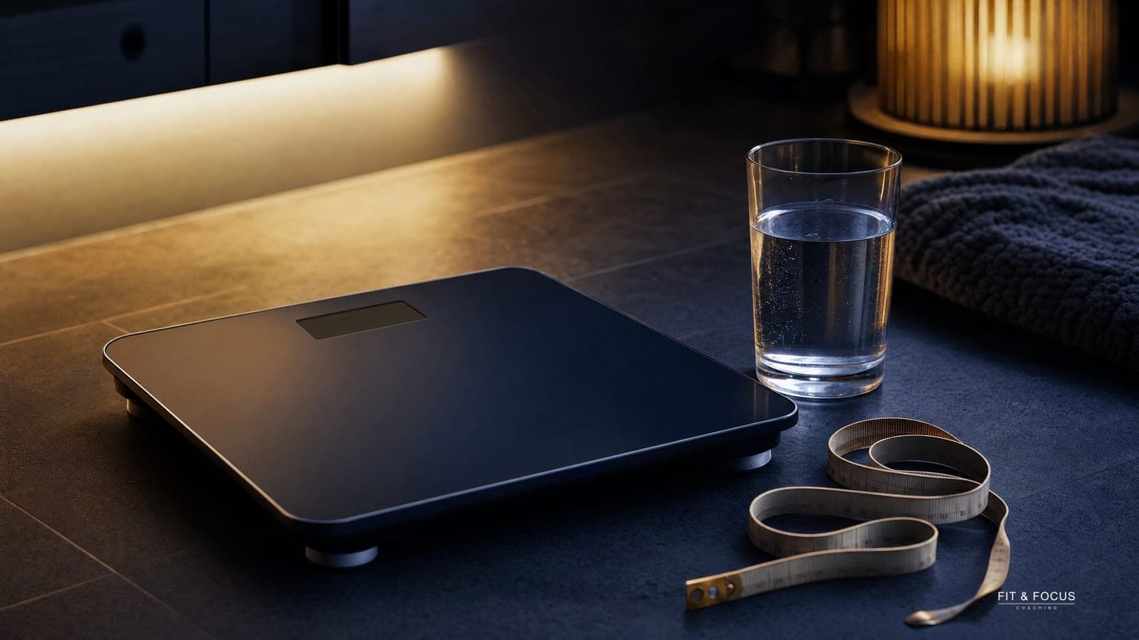 Digitale weegschaal met blanco display naast een meetlint en een glas water