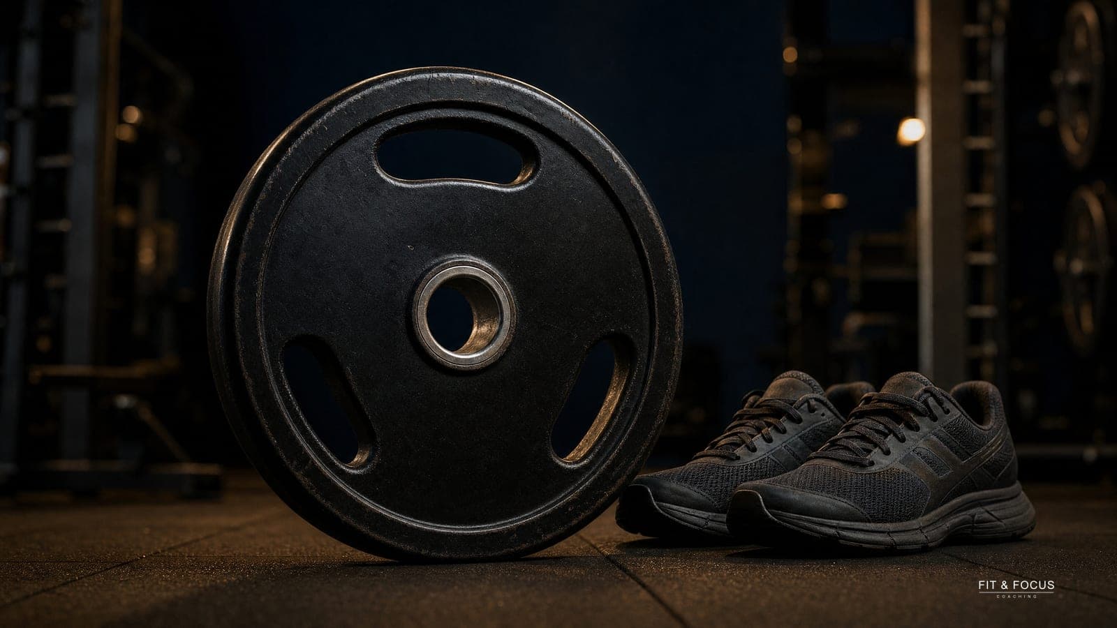 Gietijzeren halterschijf rechtop naast een paar hardloopschoenen op een gymvloer