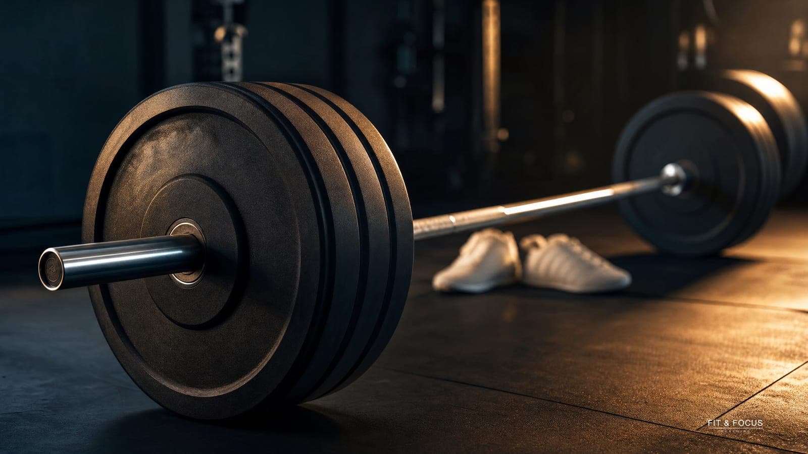 Geladen halterstang op een gymvloer met hardloopschoenen op de achtergrond
