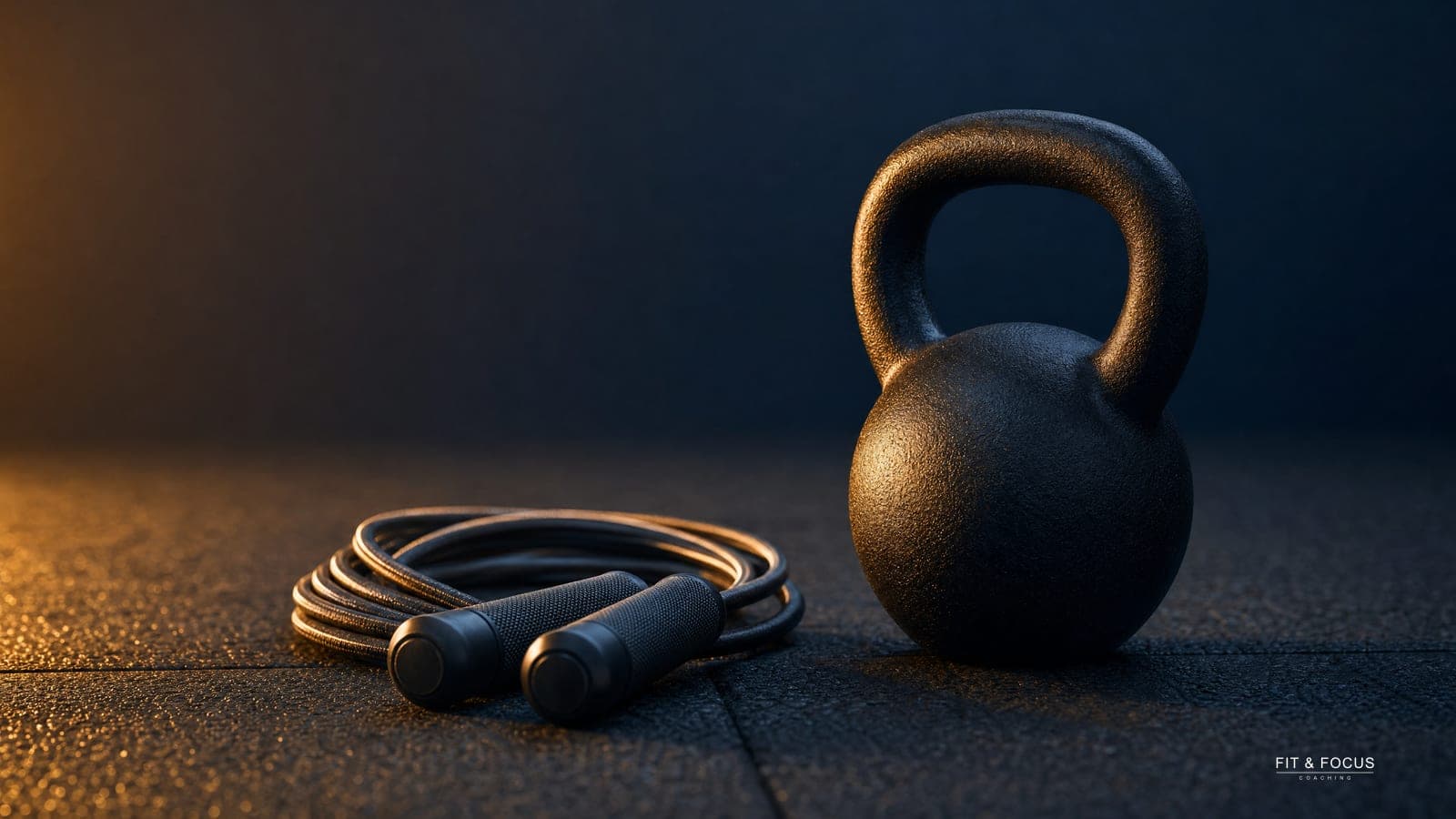 Opgerold springtouw naast een gietijzeren kettlebell op een gymvloer