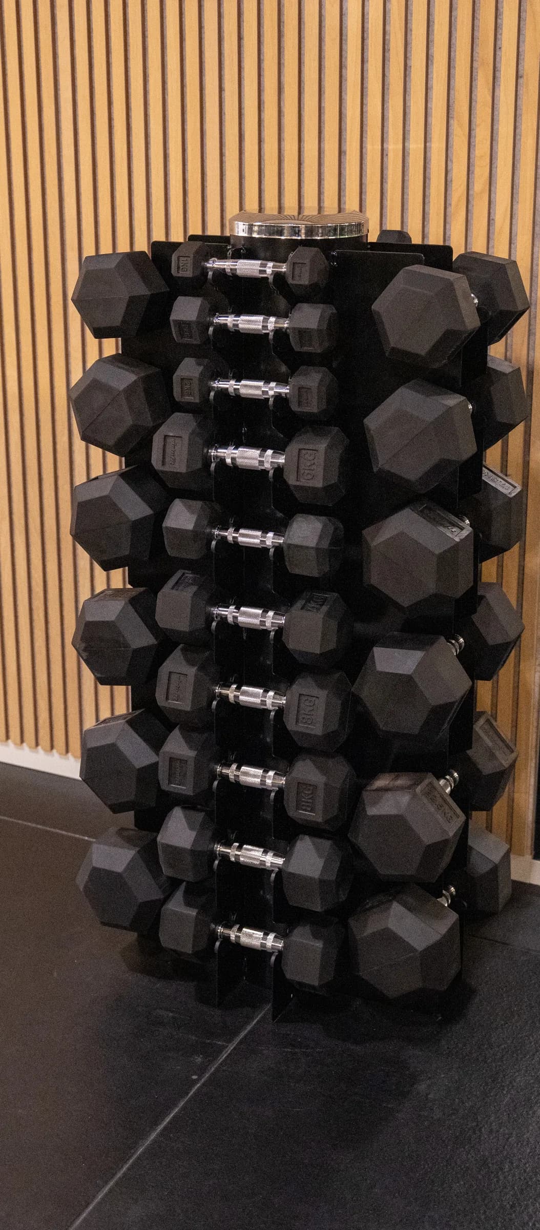 Verticaal dumbbellrek tegen houten lattenwand