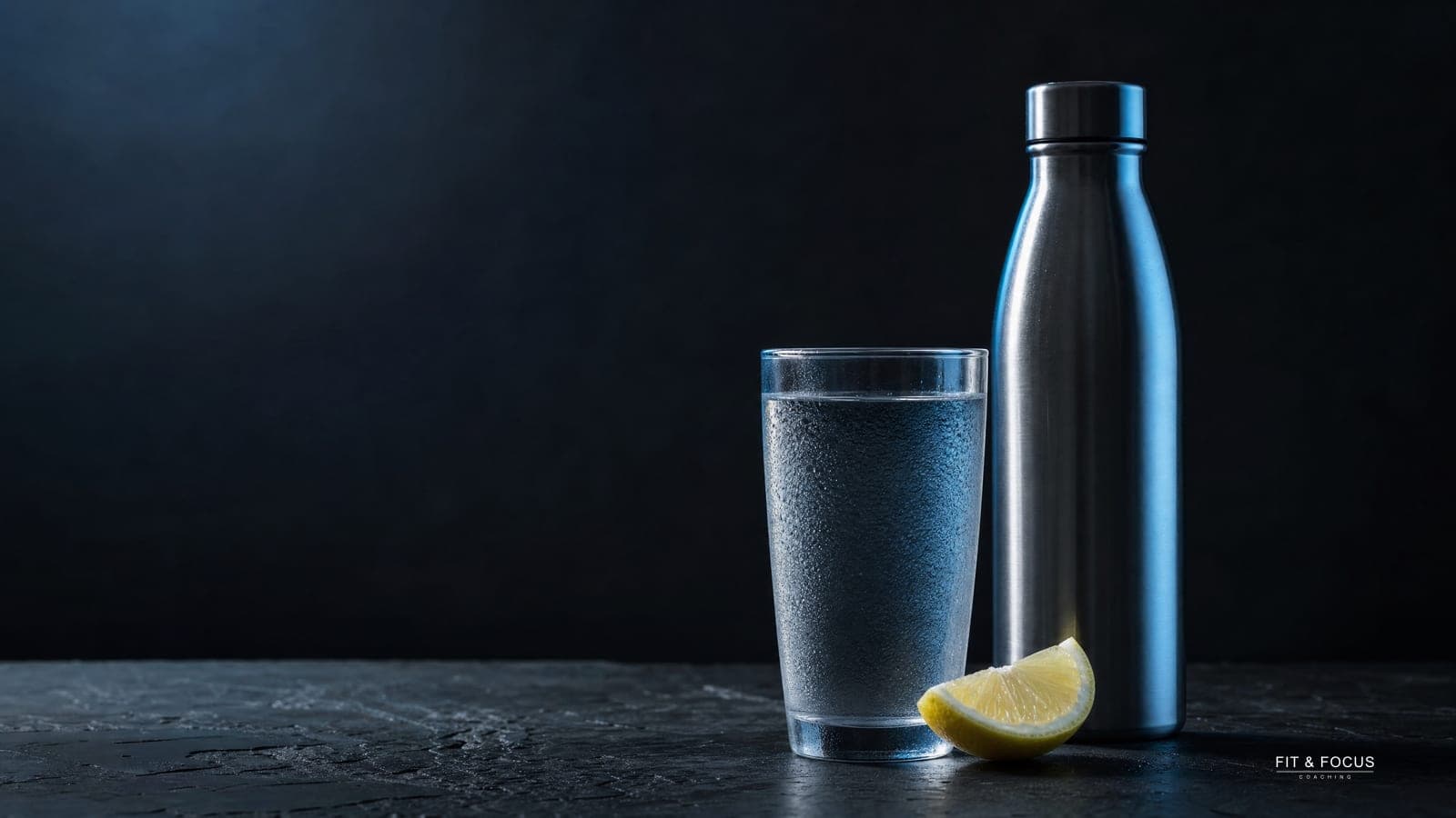 Glas water, een stalen drinkfles en een partje citroen