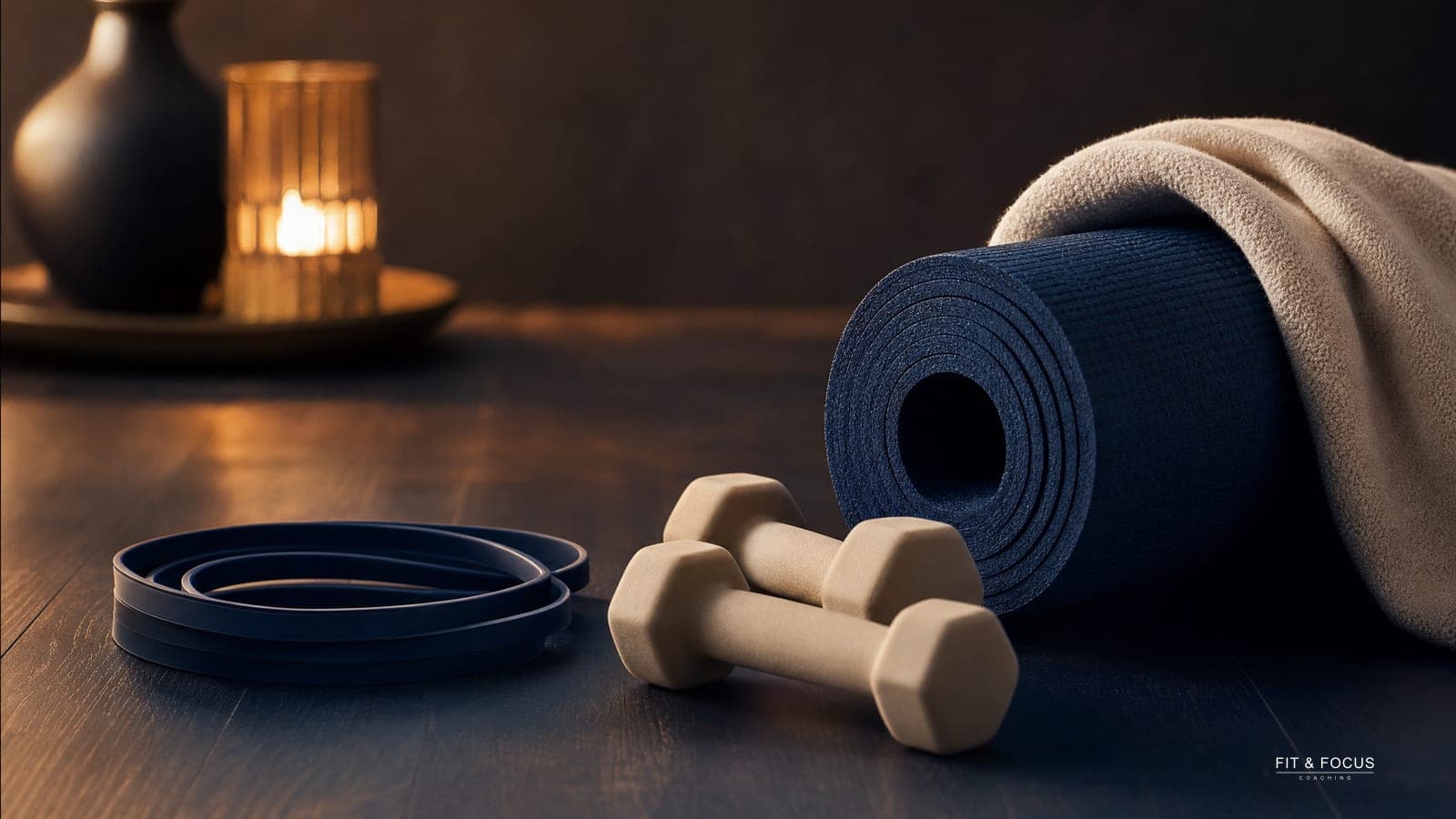 Lichte dumbbells, een weerstandsband en een opgerolde mat op een donkere vloer