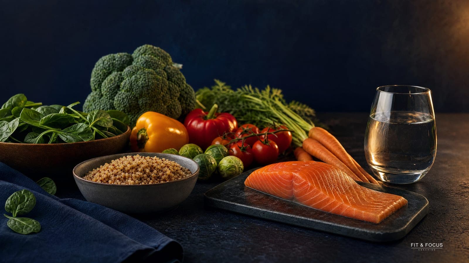 Verse groenten, volkoren granen, zalm en een glas water op donkere leisteen