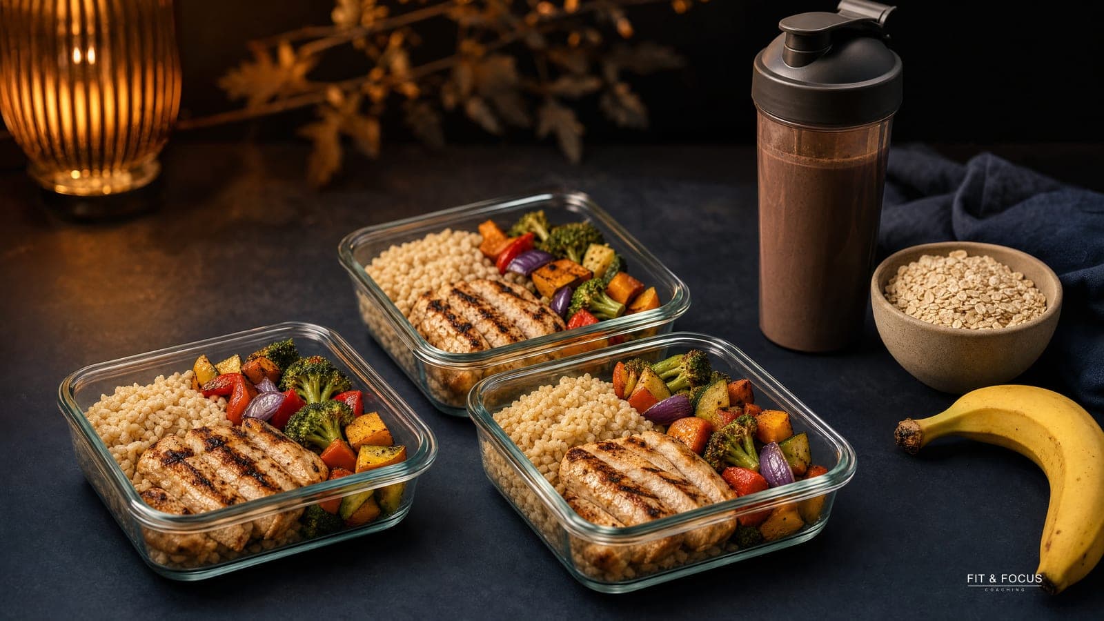 Drie glazen mealprepbakjes met kip, rijst en groente, naast een shaker, havermout en een banaan