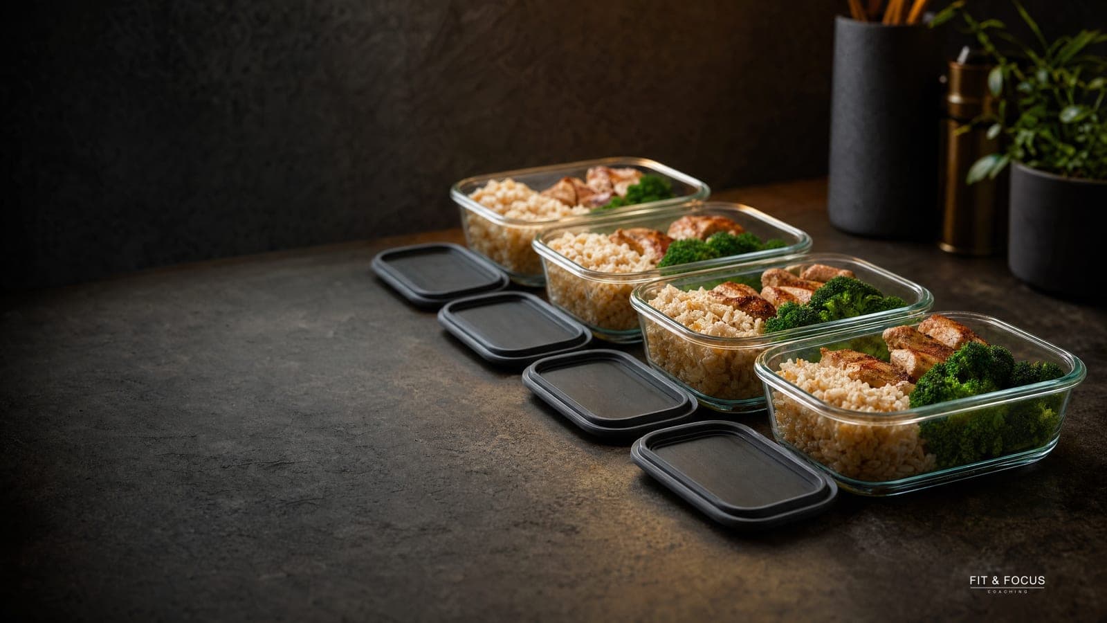 Vier glazen mealprepbakjes met kip, rijst en broccoli op een rij